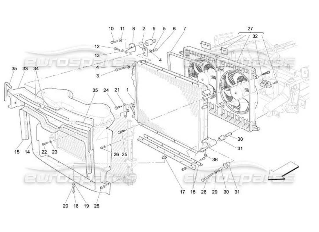 maserati qtp. (2005) 4.2 refroidissement : diagramme de pièces des radiateurs et des conduits d'air