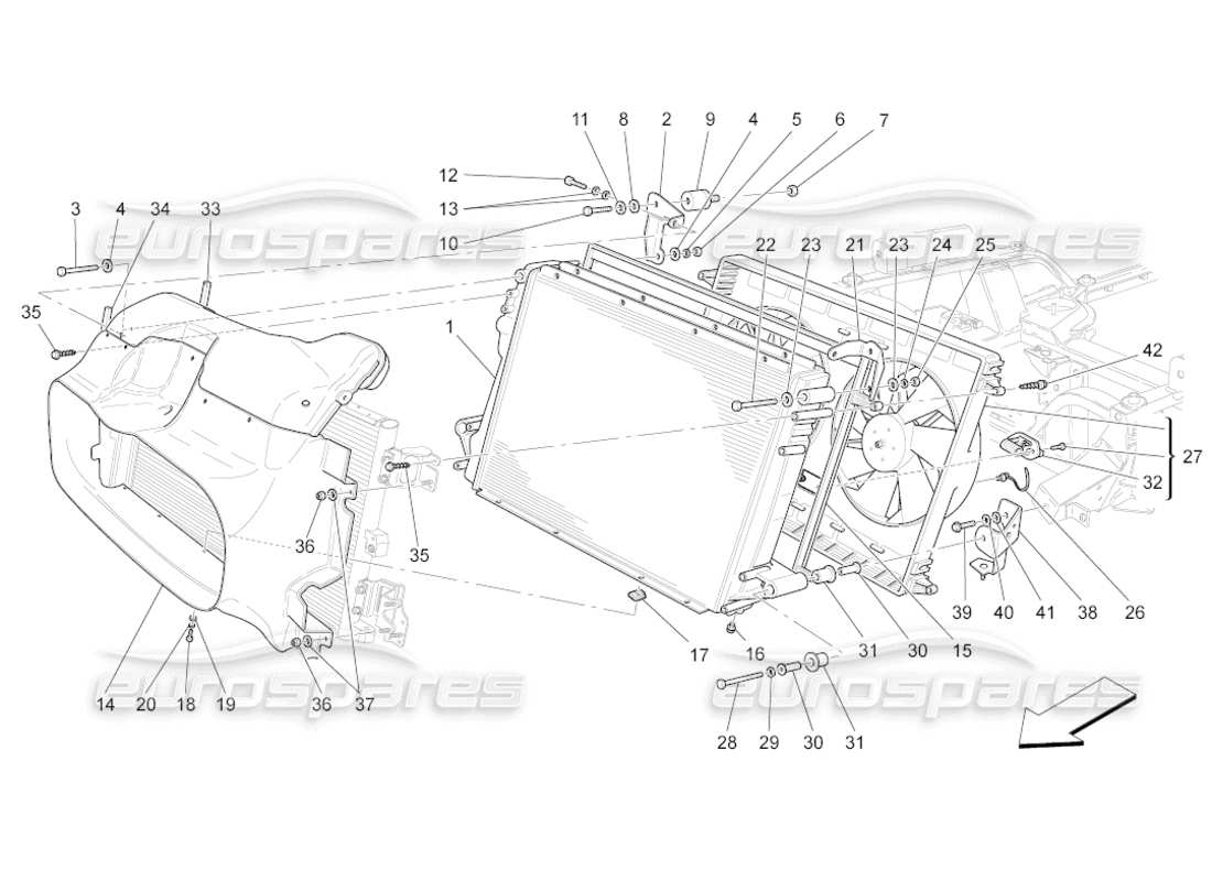 maserati grancabrio (2011) 4.7 refroidissement : diagramme de pièces des radiateurs et des conduits d'air