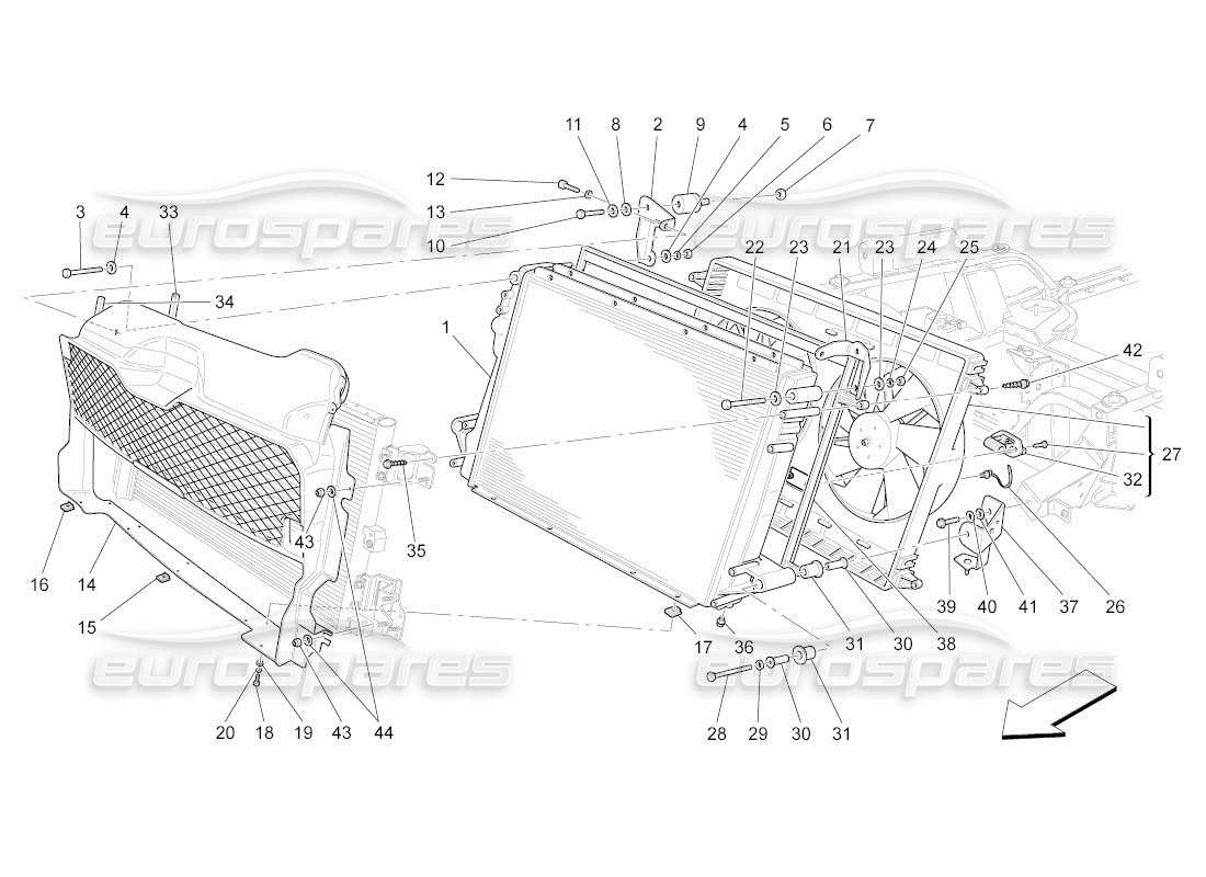 maserati qtp. (2011) 4.7 auto refroidissement : diagramme de pièces des radiateurs et des conduits d'air