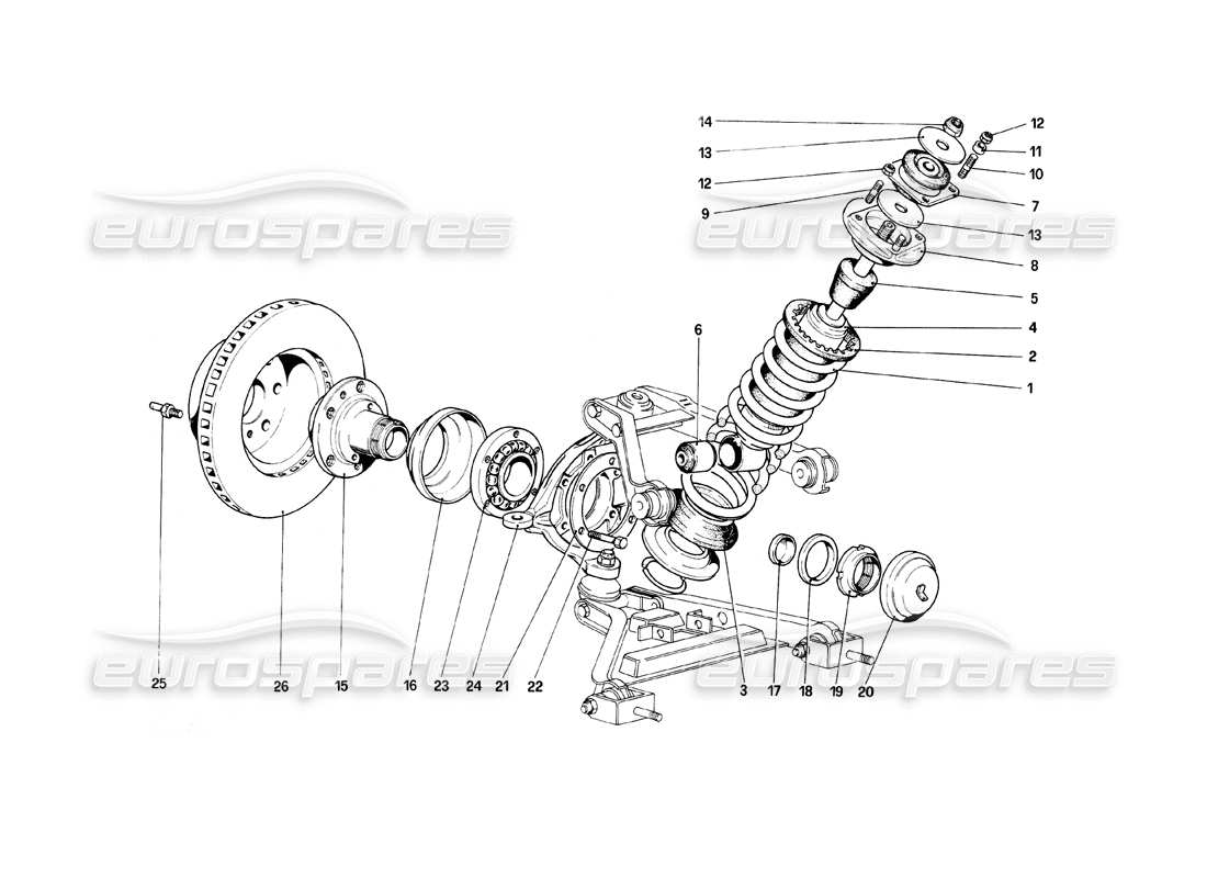 ferrari mondial 8 (1981) suspension avant - amortisseur et disque de frein schéma des pièces