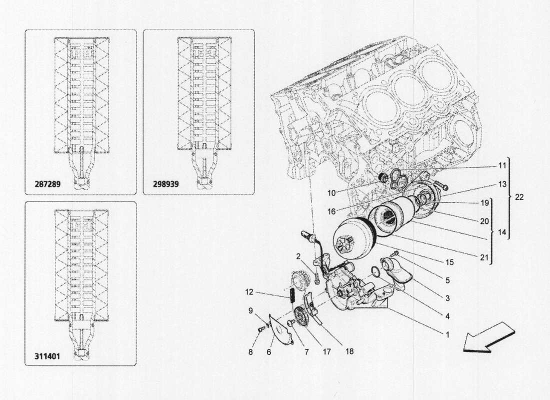 maserati qtp. v6 3.0 bt 410bhp 2wd 2017 système de lubrification : diagramme des pièces de la pompe et du filtre