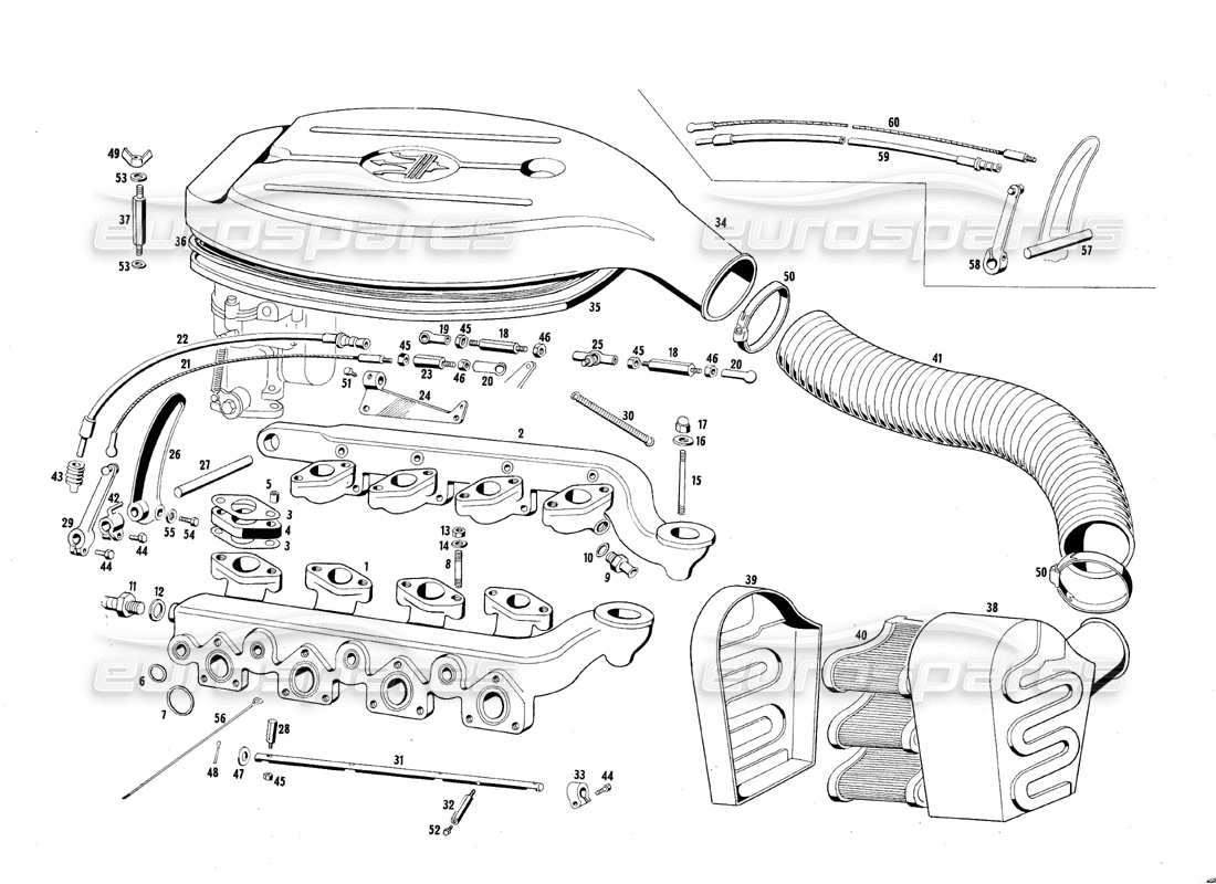 maserati qtp.v8 4.7 (s1 & s2) 1967 diagramme des pièces du collecteur d'admission d'air et du filtre