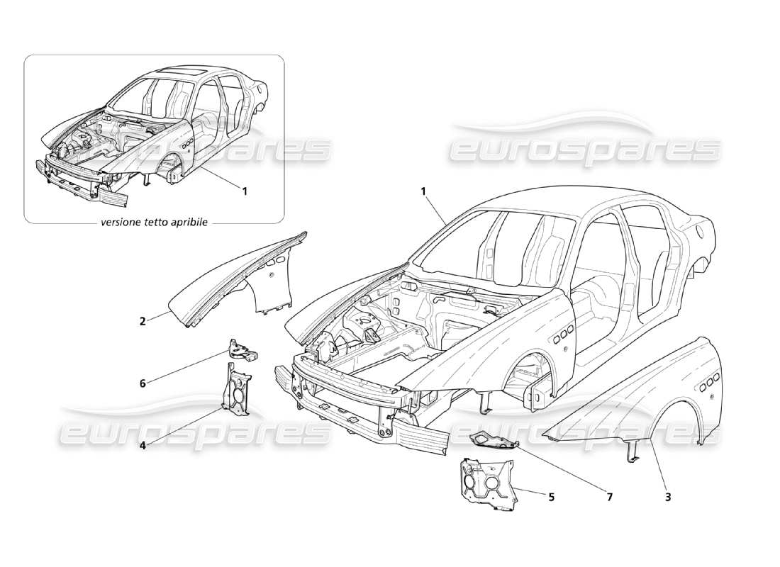 maserati qtp. (2003) 4.2 structures extérieures avant et diagramme des parties de la carrosserie