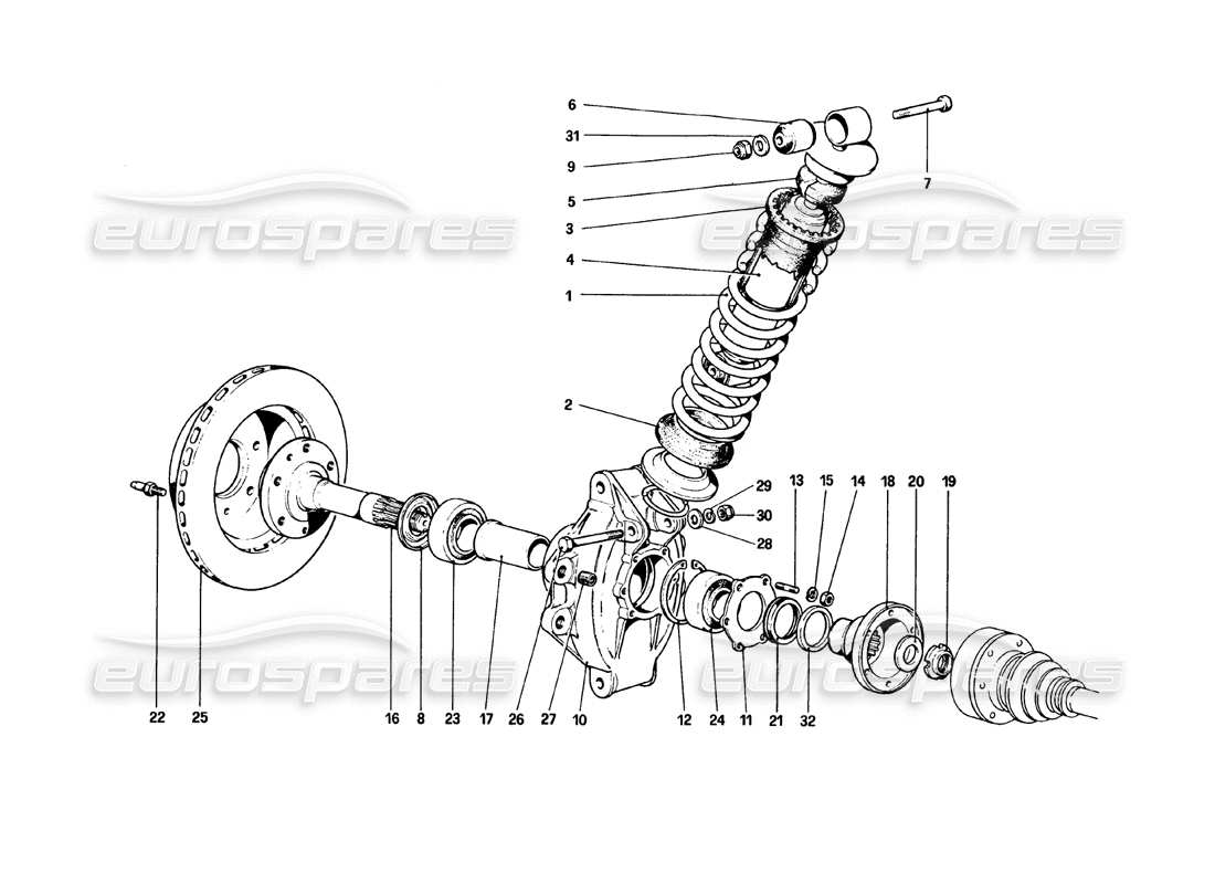 ferrari 308 gtb (1980) suspension arrière - amortisseur et disque de frein schéma des pièces