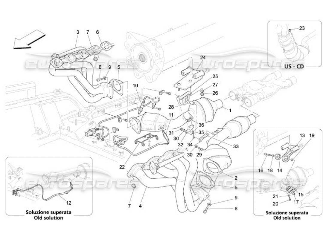 maserati qtp. (2005) 4.2 convertisseurs précatalytiques et convertisseurs catalytiques schéma des pièces