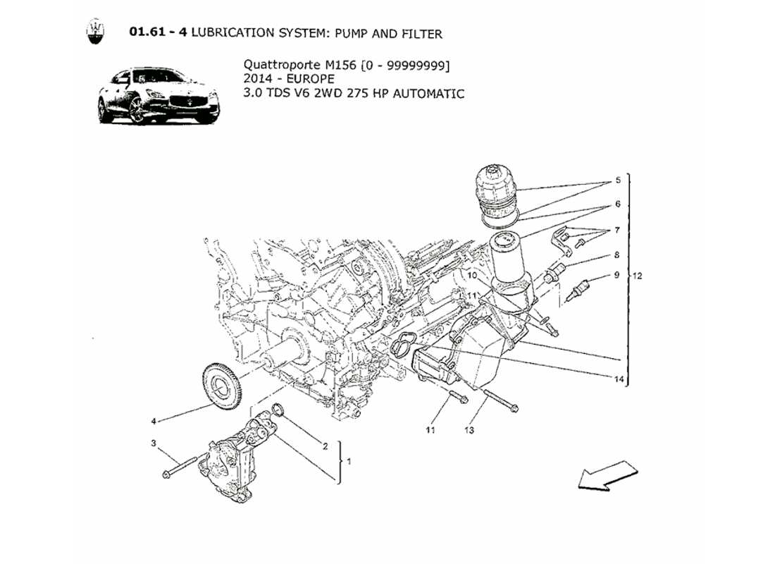 maserati qtp. v6 3.0 tds 275bhp 2014 système de lubrification : diagramme des pièces de la pompe et du filtre