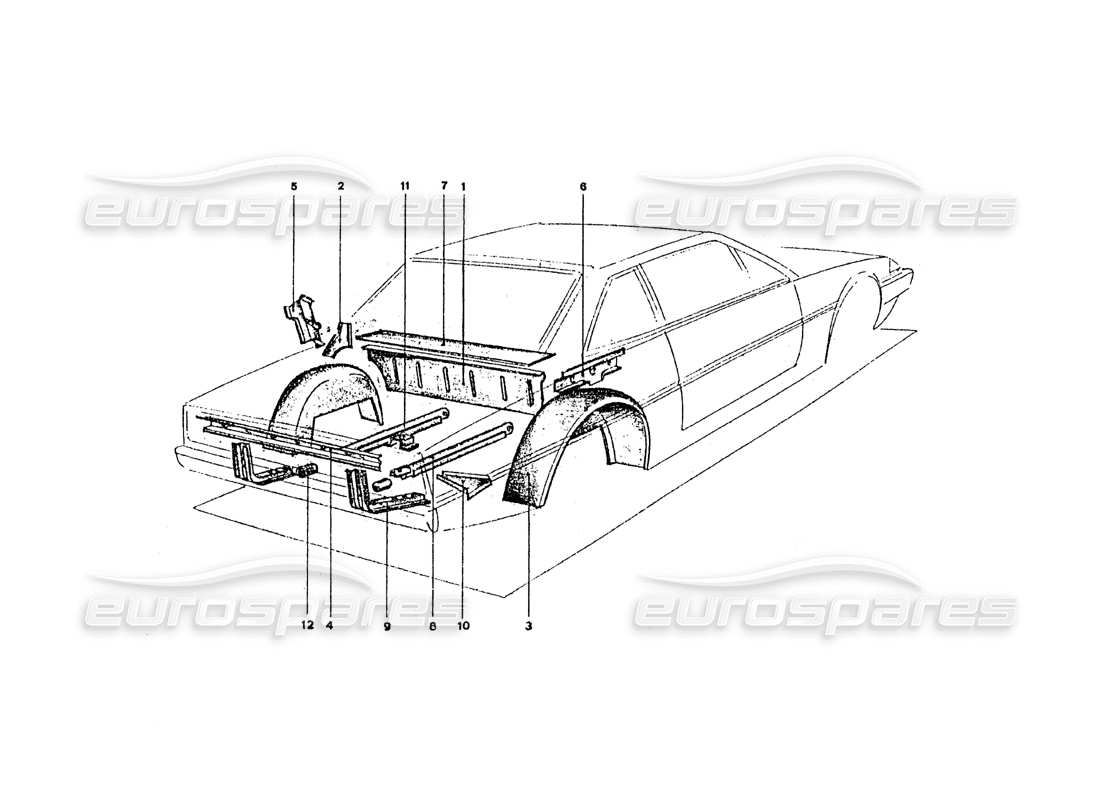 ferrari 365 gt4 2+2 coachwork rear inner sheils & panels part diagram