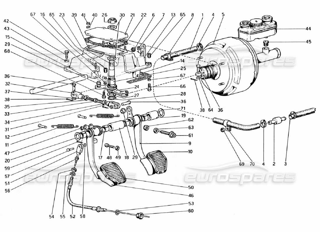 ferrari 308 gtb (1976) tableau de pédales - schéma des pièces des commandes de frein et d'embrayage