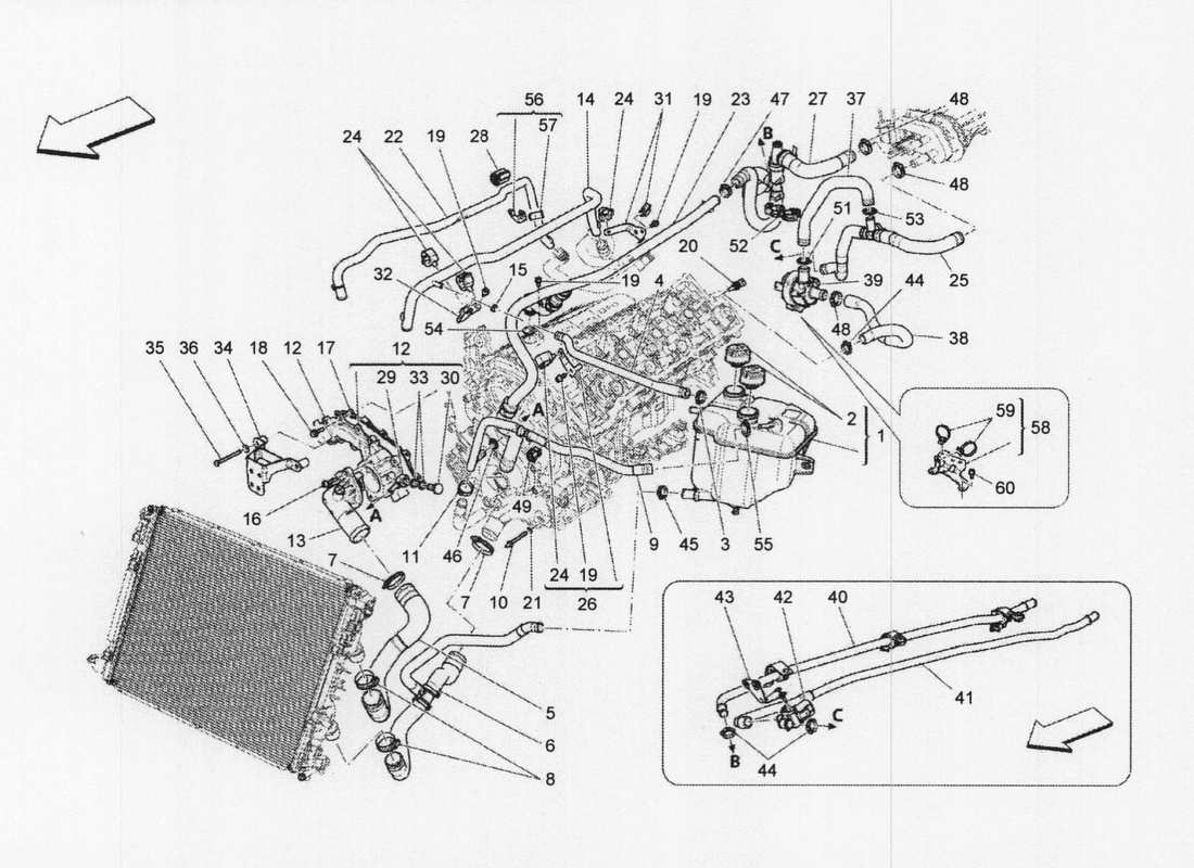 maserati qtp. v6 3.0 bt 410bhp 2wd 2017 système de refroidissement : diagramme de pièces nourice et lignes