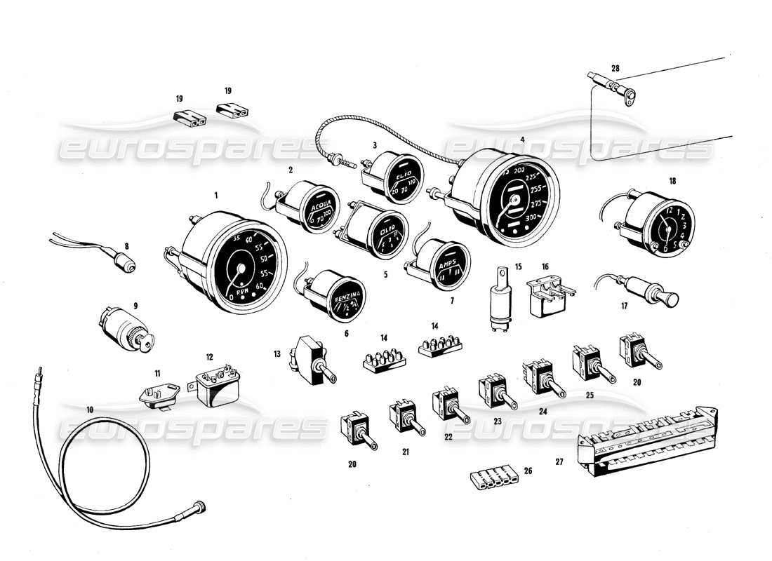 maserati qtp.v8 4.7 (s1 & s2) 1967 diagramme des pièces des instruments du tableau de bord