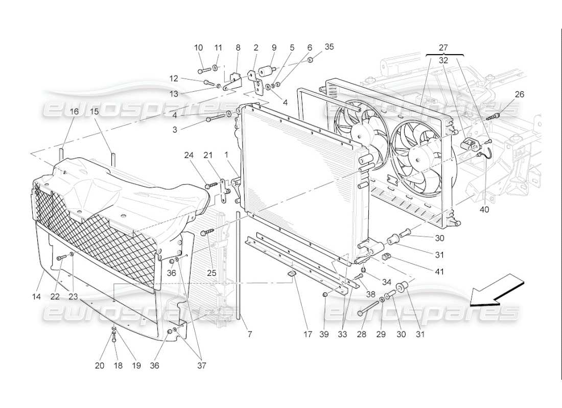 maserati qtp. (2009) 4.2 auto refroidissement : diagramme de pièces des radiateurs et des conduits d'air