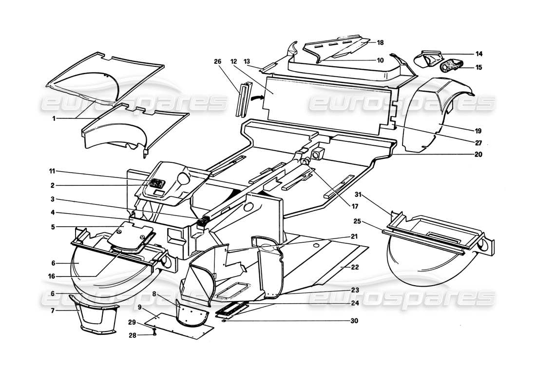 ferrari 308 gtb (1980) coque de carrosserie - diagramme des pièces des éléments intérieurs