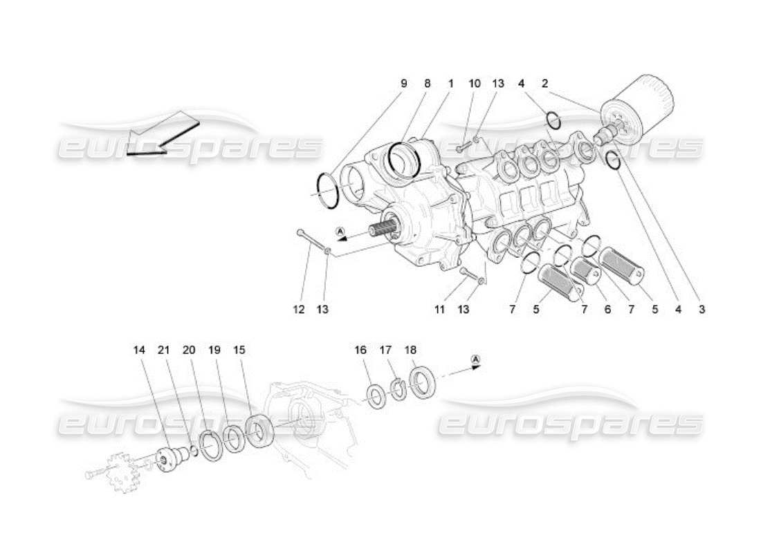 maserati qtp. (2005) 4.2 système de lubrification : diagramme des pièces de la pompe et du filtre