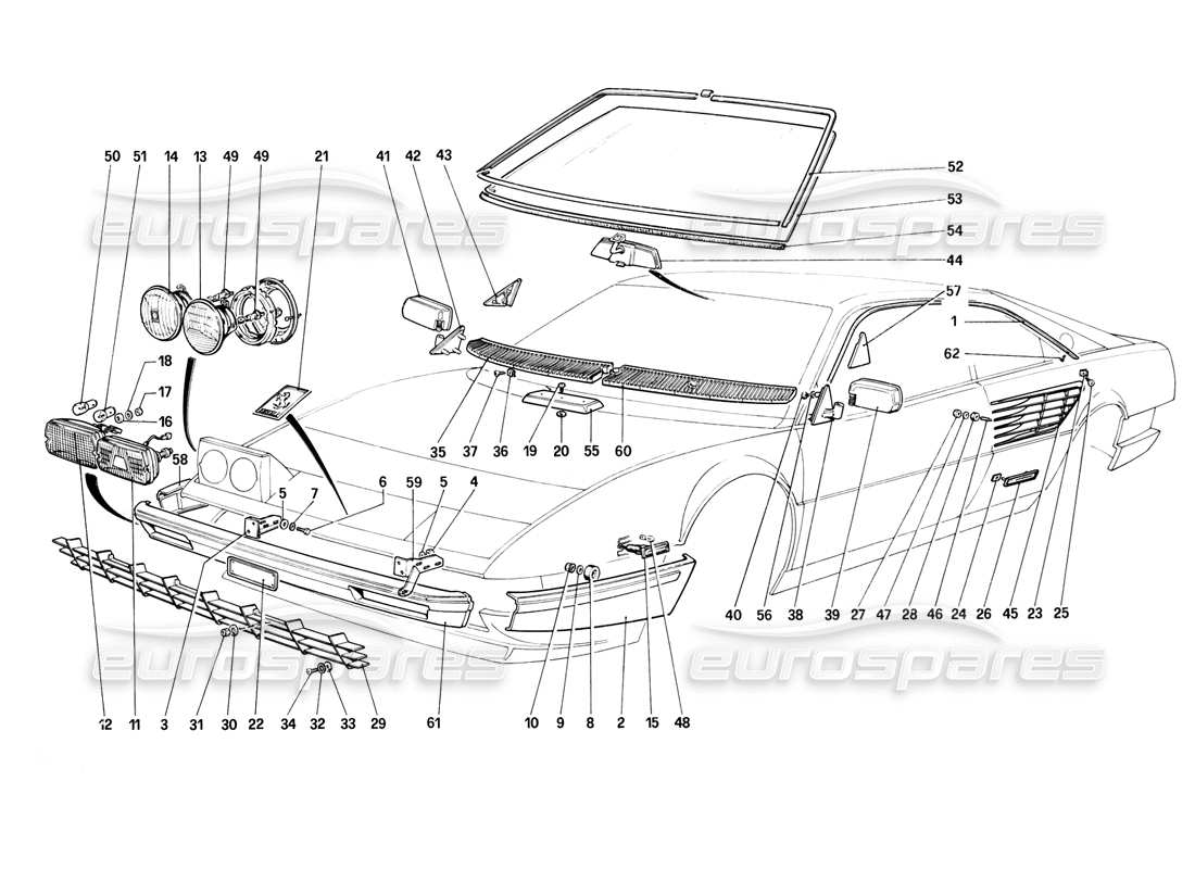 ferrari mondial 8 (1981) pare-chocs, phares et lunettes avant schéma des pièces