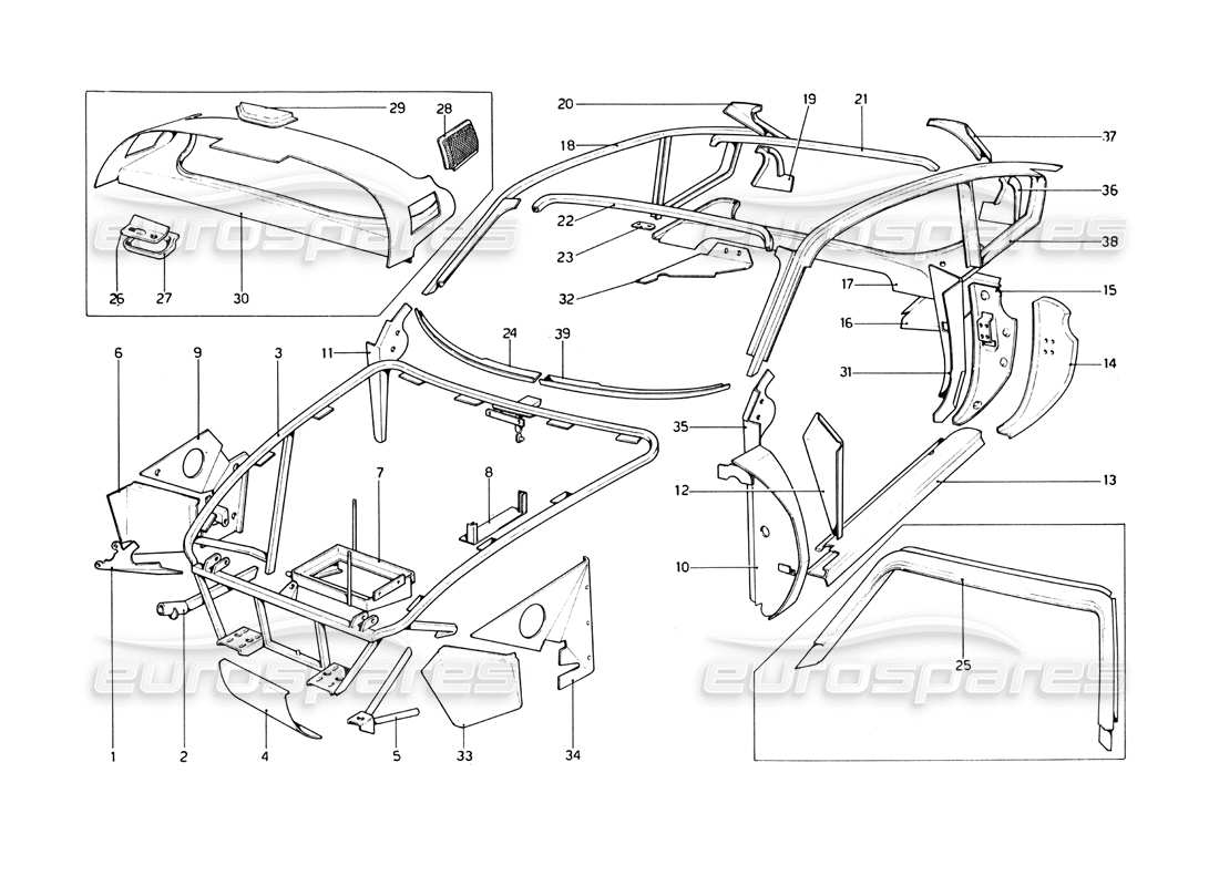ferrari 246 dino (1975) coque de carrosserie - diagramme des pièces des éléments intérieurs