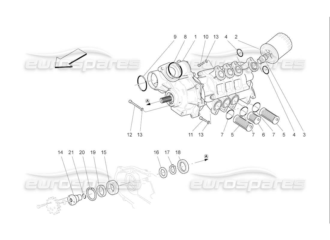 maserati qtp. (2006) 4.2 f1 système de lubrification : diagramme des pièces de la pompe et du filtre