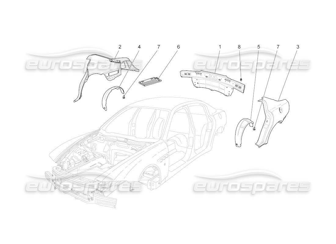 maserati qtp. (2011) 4.7 auto schéma des pièces de la carrosserie et des panneaux de garniture extérieurs arrière