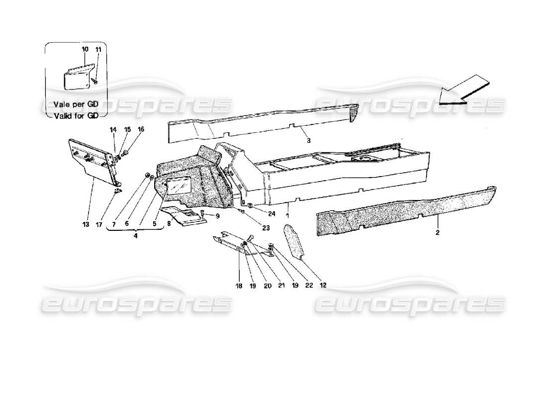 ferrari mondial 3.4 t coupe/cabrio tunnel - ossature et revêtements - schéma des pièces du coupé