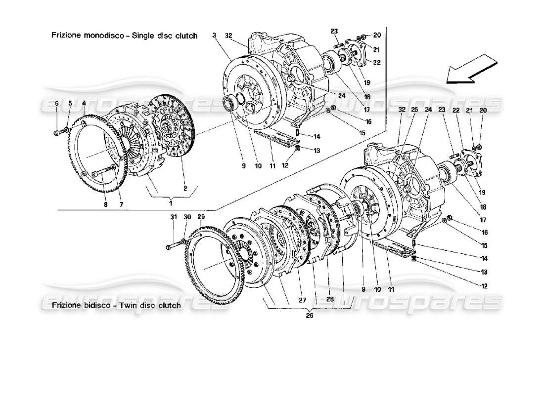 ferrari mondial 3.4 t coupe/cabrio schéma des pièces d'embrayage à disque simple et double