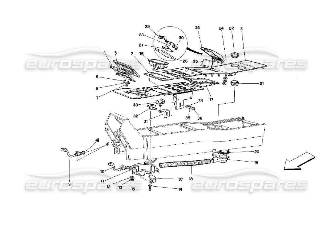 ferrari mondial 3.4 t coupe/cabrio tunnel - composants - schéma des pièces du coupé