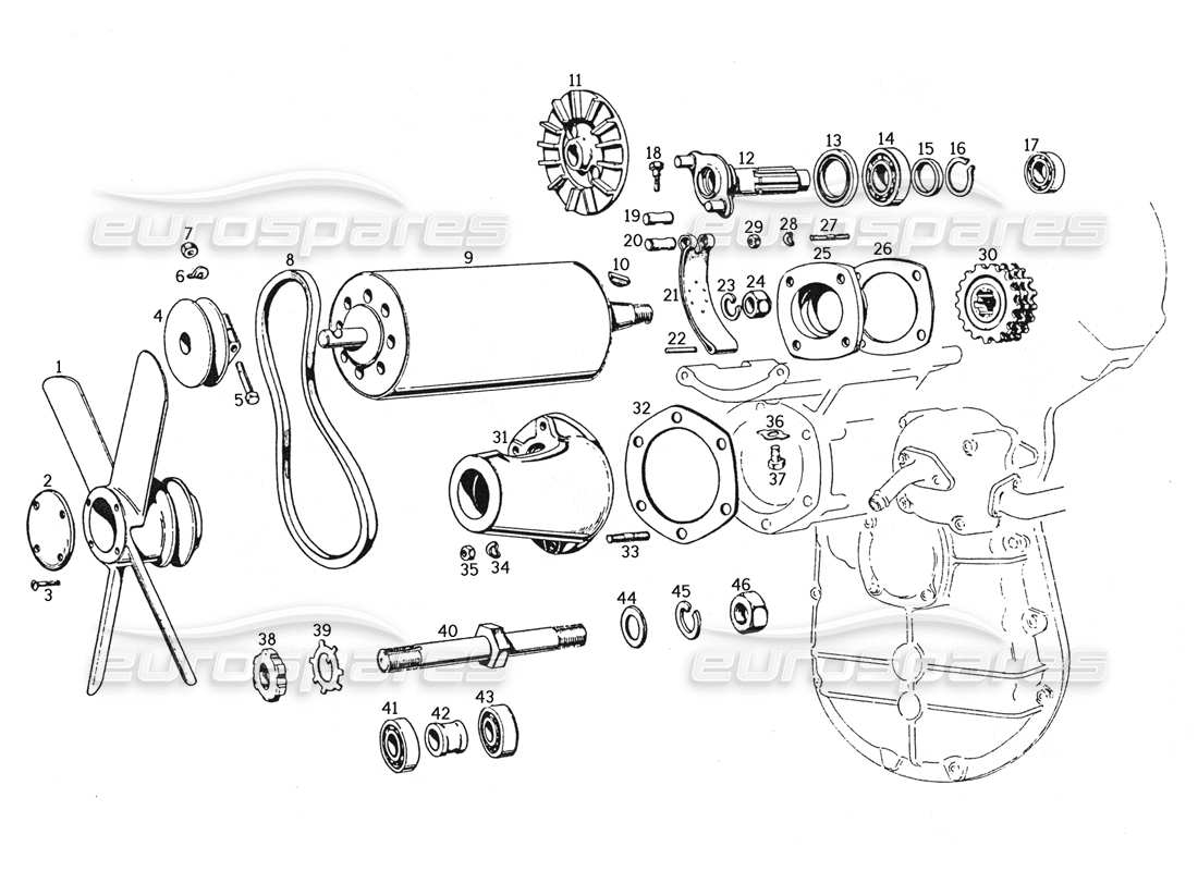 ferrari 250 gte (1957) diagramme des pièces de la dynamo et du ventilateur