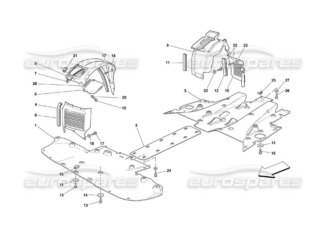 ferrari 360 challenge (2000) schéma des pièces du bac à plancher plat et de la timonerie