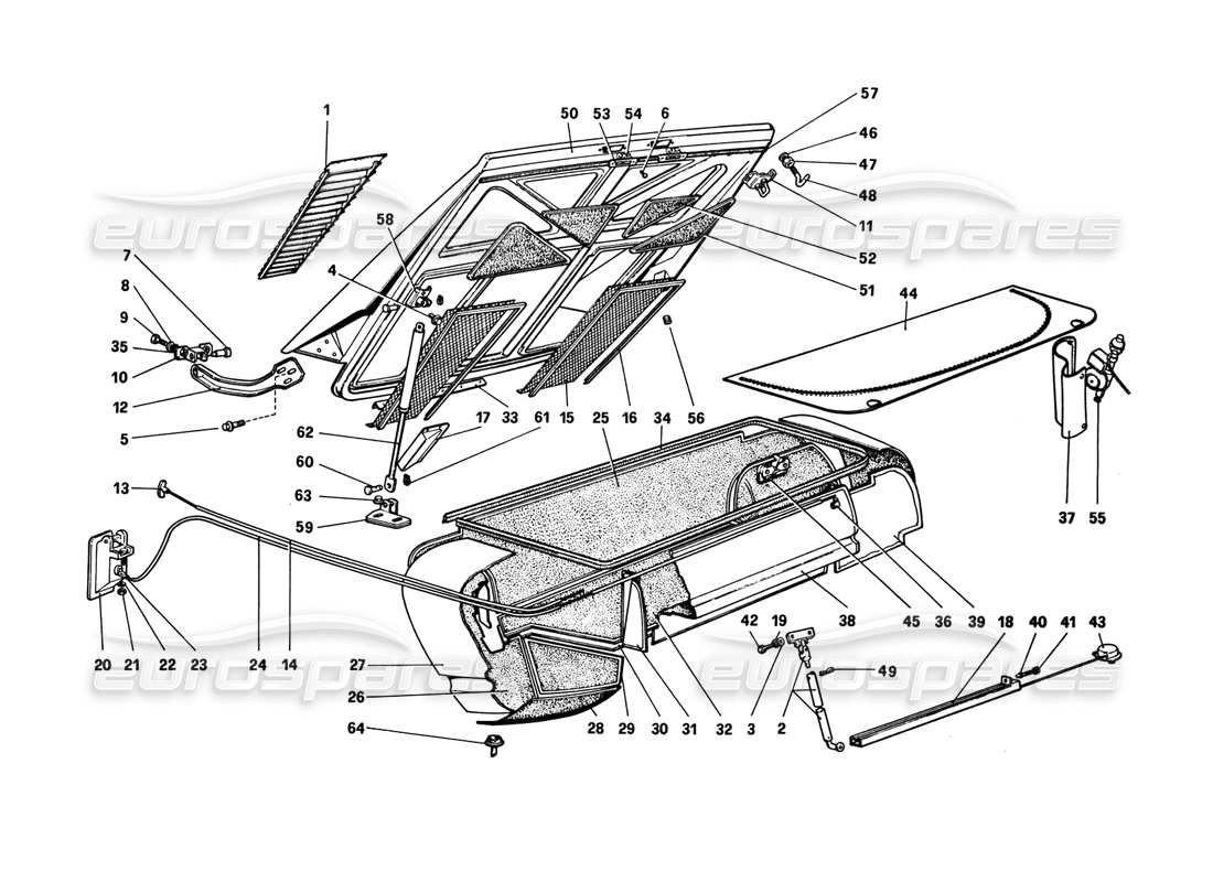 ferrari 308 gtb (1980) schéma des pièces du capot arrière et du revêtement du coffre à bagages