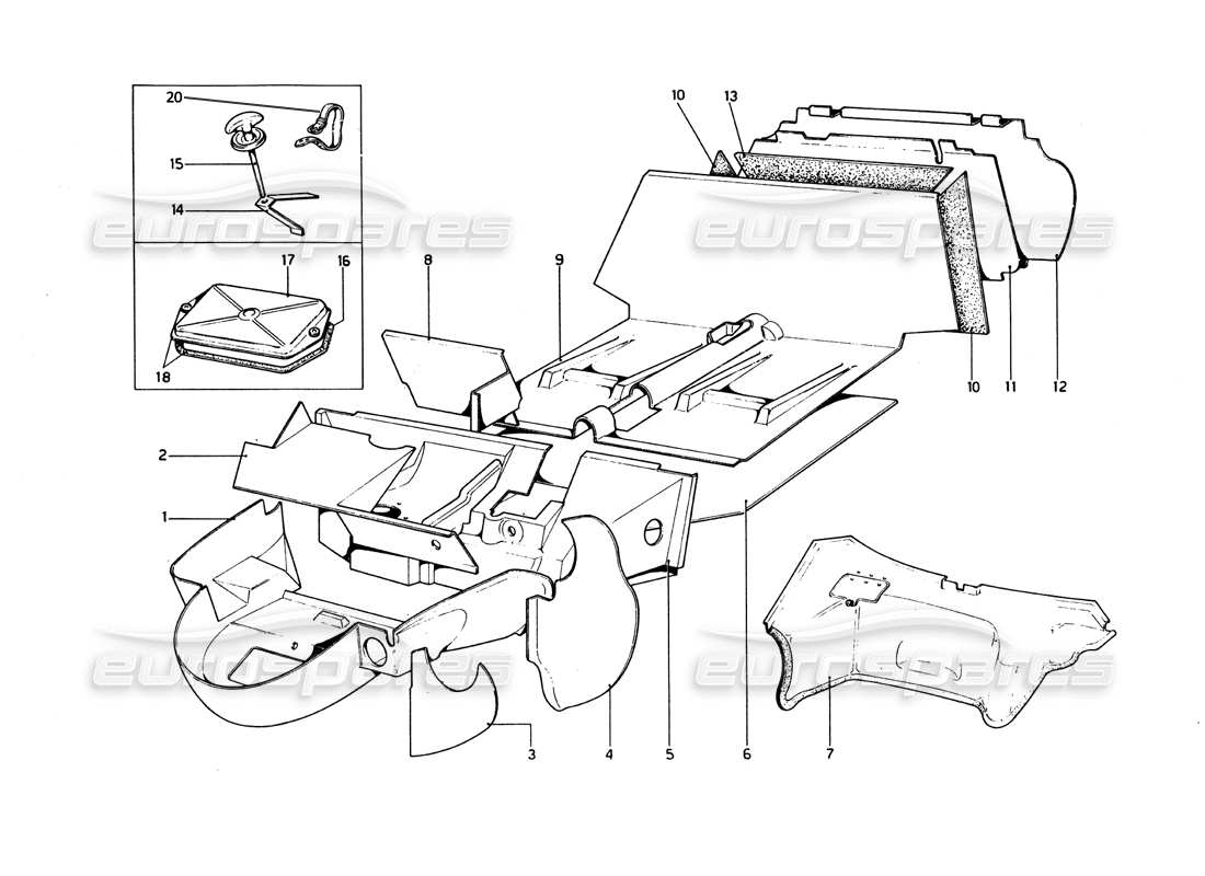 ferrari 246 dino (1975) coque de carrosserie - diagramme des pièces des éléments intérieurs