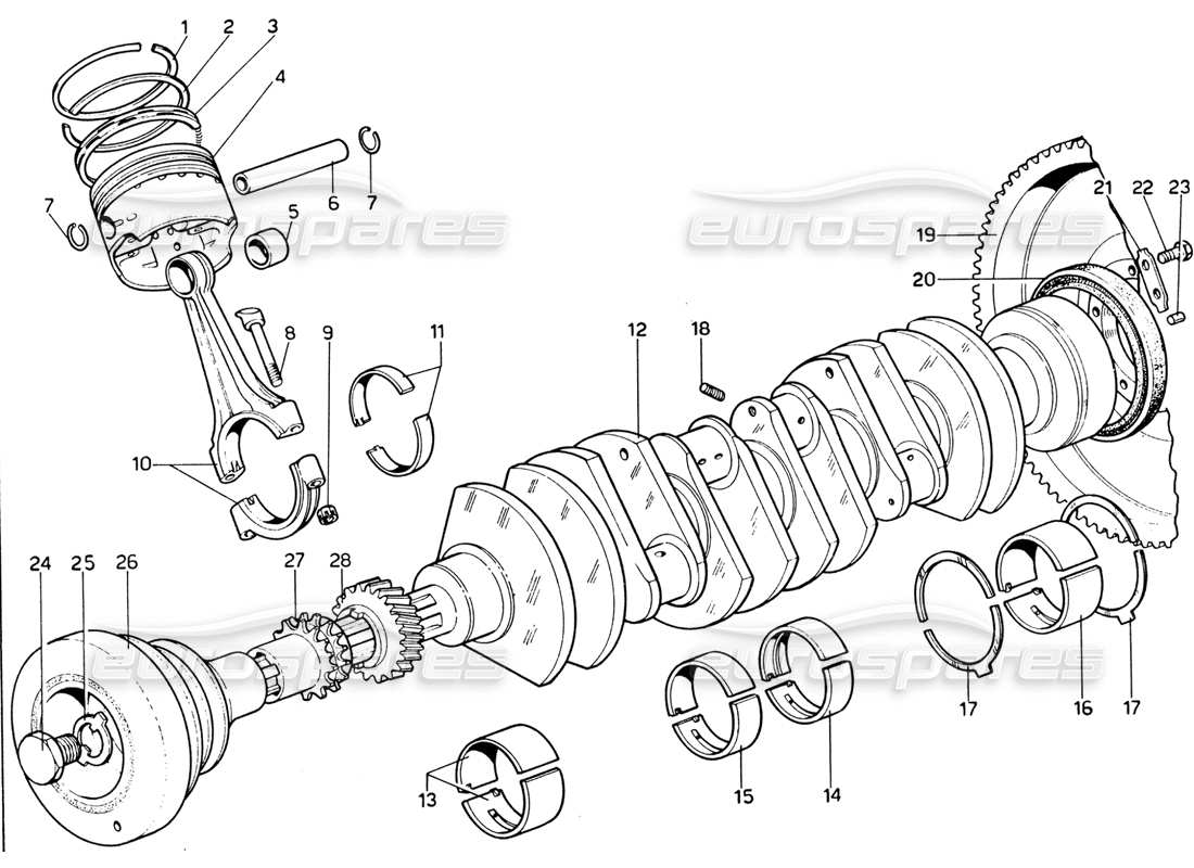 ferrari 365 gtb4 daytona (1969) diagramme des pièces du vilebrequin, des bielles et des pistons