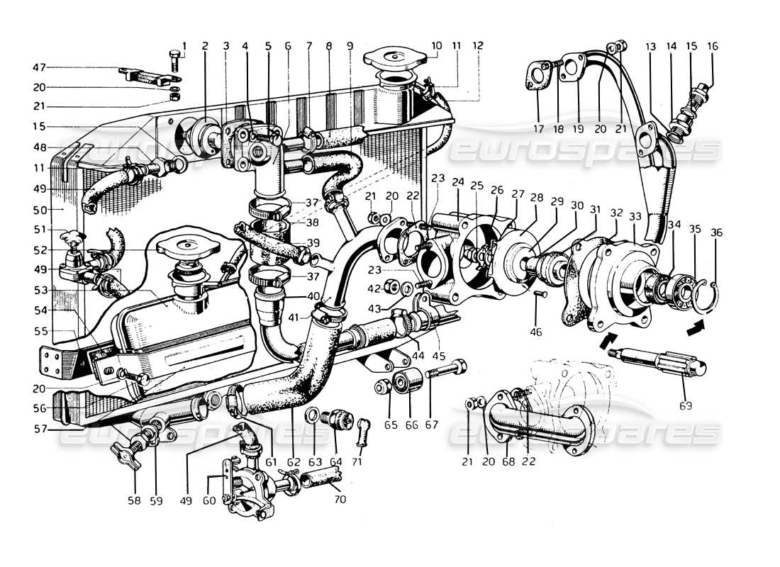 ferrari 275 gtb/gts 2 cam schéma des pièces du radiateur à eau et de la pompe à eau