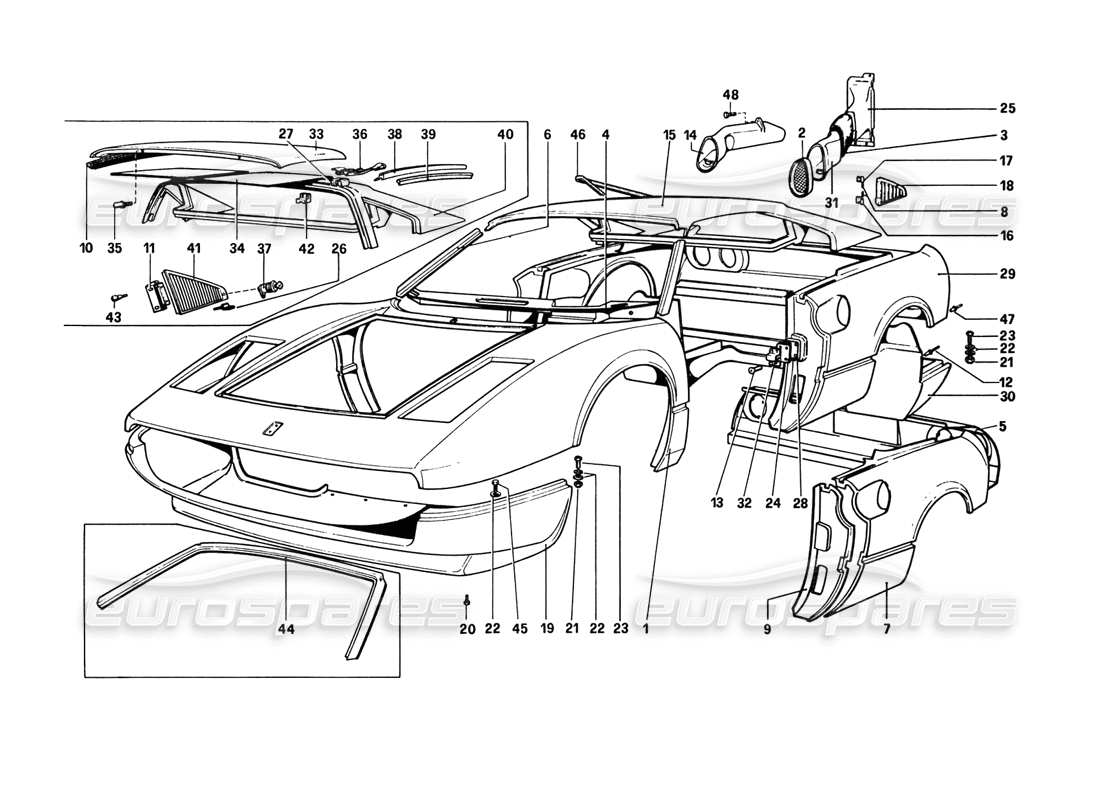 ferrari 308 gtb (1980) coque de carrosserie - diagramme des pièces des éléments extérieurs