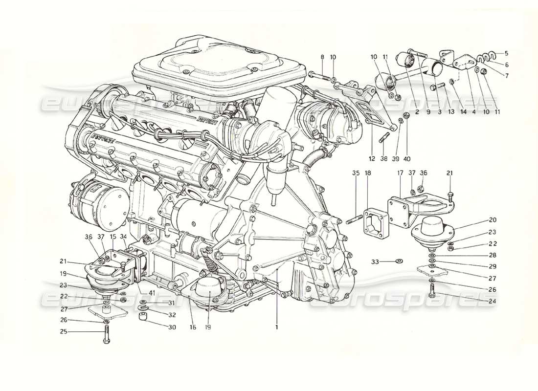 ferrari 308 gt4 dino (1976) moteur - schéma des pièces de la boîte de vitesses et des supports