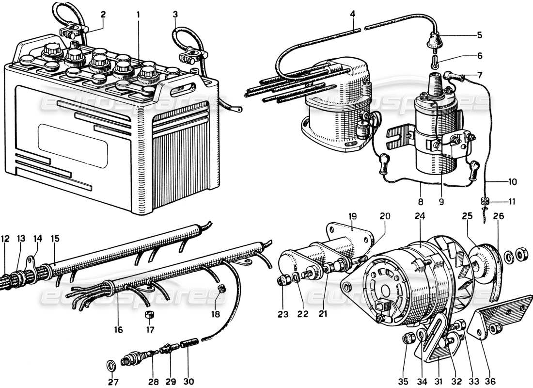 ferrari 330 gtc coupe diagramme des pièces du générateur et de la batterie