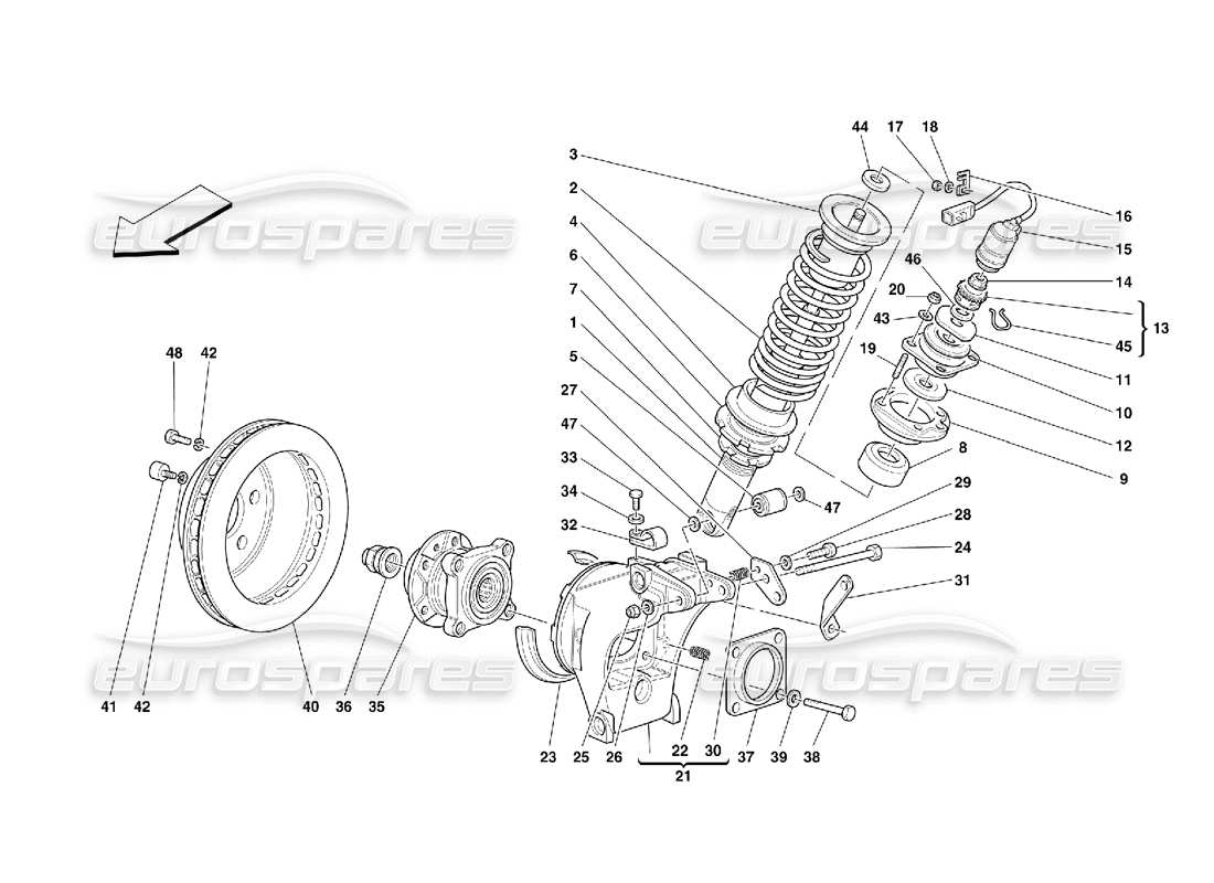 ferrari 355 (5.2 motronic) suspension arrière - amortisseur et disque de frein schéma des pièces