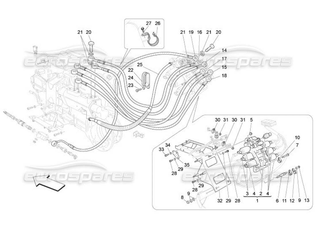 maserati qtp. (2005) 4.2 système hydraulique d’activation de la boîte de vitesses : diagramme des pièces du groupe motopropulseur