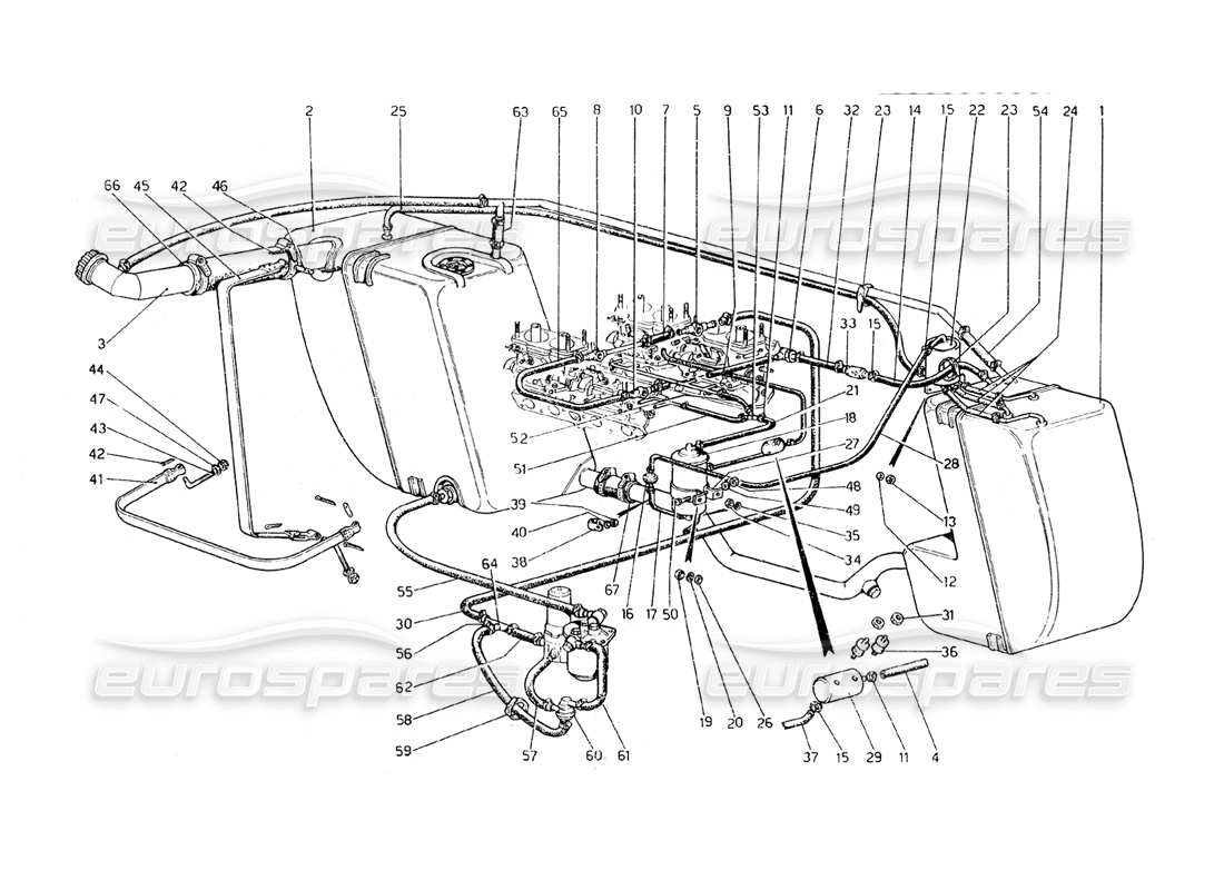 ferrari 308 gt4 dino (1979) schéma des pièces du système de contrôle des émissions anti-évaporation (variantes pour les états-unis - versions aus et j)