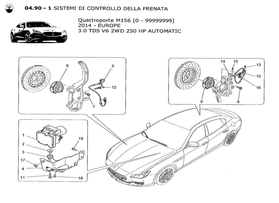 maserati qtp. v6 3.0 tds 250bhp 2014 schéma des pièces des systèmes de commande de freinage