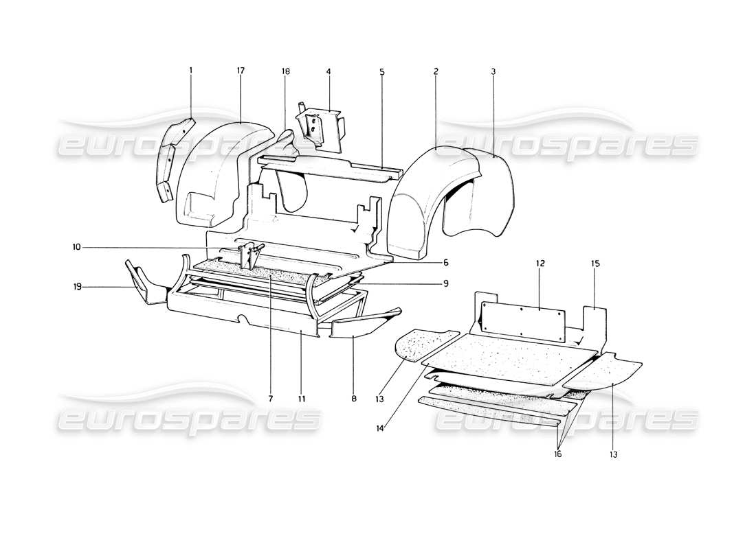 ferrari 246 dino (1975) coque de carrosserie - diagramme des pièces des éléments intérieurs