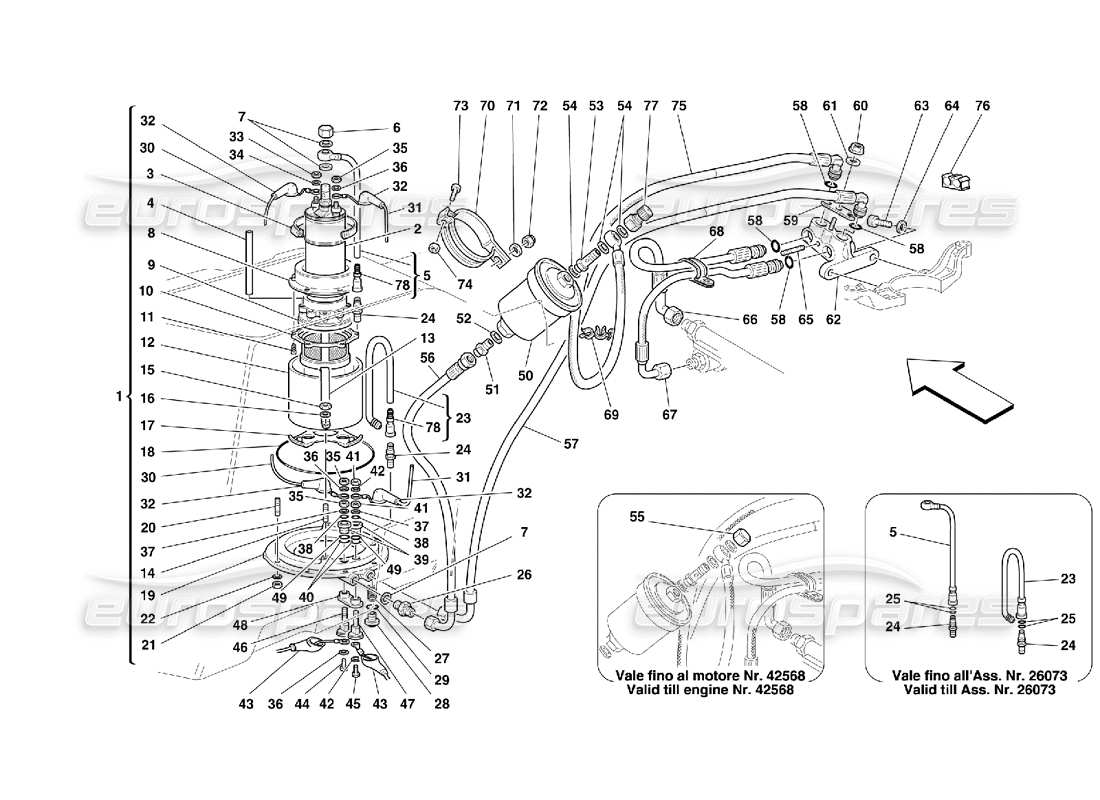 ferrari 355 (5.2 motronic) schéma des pièces de la pompe à carburant et des tuyaux