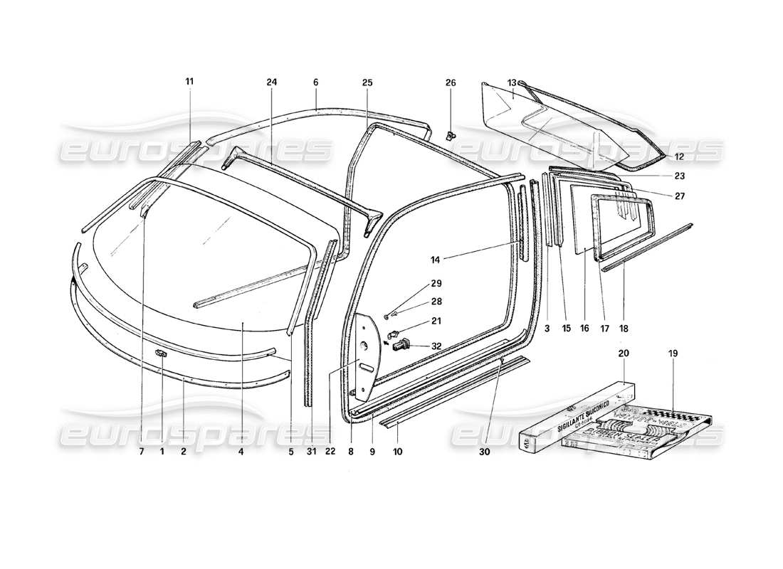 ferrari 308 (1981) gtbi/gtsi diagramme des pièces de lunettes