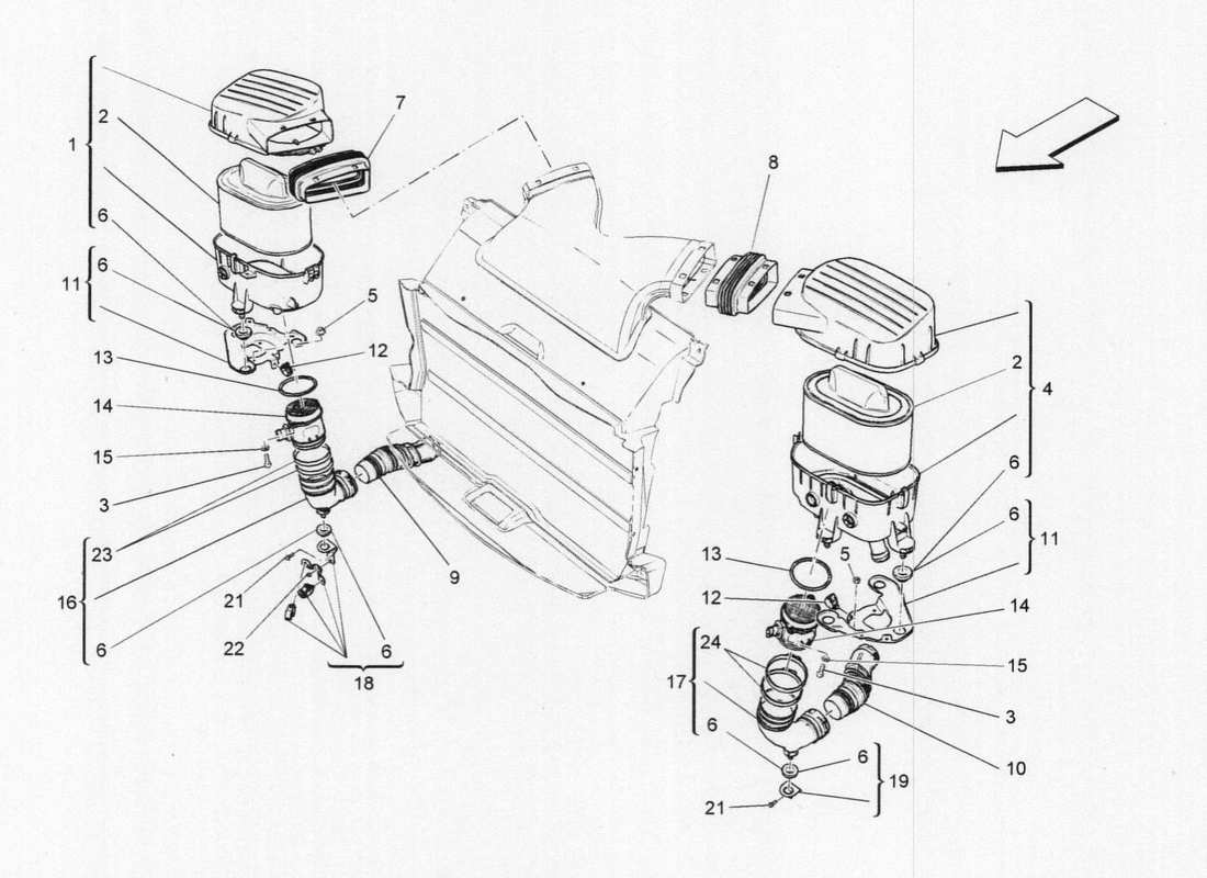 maserati qtp. v6 3.0 bt 410bhp 2wd 2017 schéma des pièces du filtre à air, de l'admission d'air et des conduits