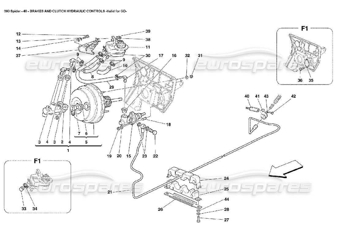 ferrari 360 spider commandes hydrauliques de freins et d’embrayage schéma des pièces