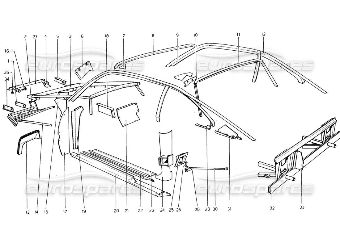 ferrari 308 gtb (1976) coque de carrosserie - diagramme des pièces des éléments intérieurs