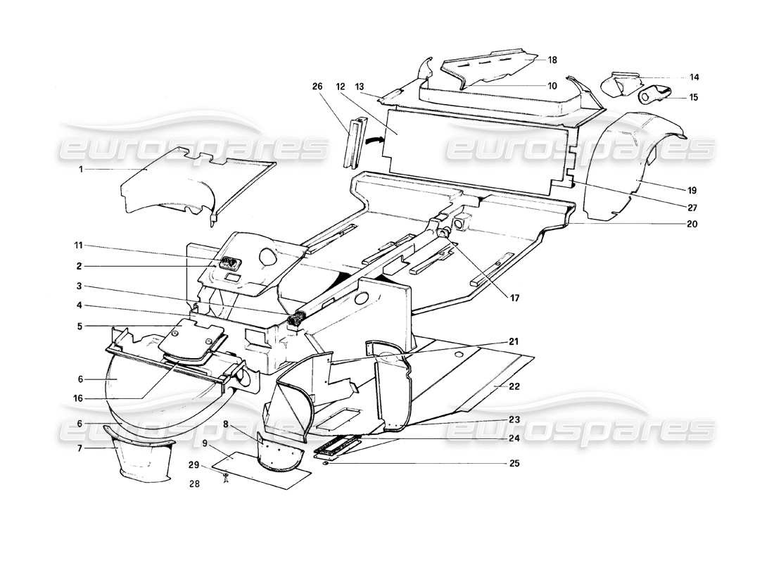 ferrari 308 (1981) gtbi/gtsi coque de carrosserie - diagramme des pièces des éléments intérieurs