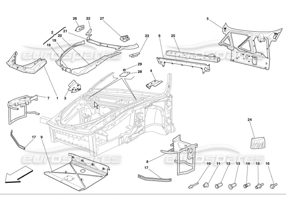 ferrari 360 modena schéma des pièces des structures et des plaques de la partie avant complète du cadre