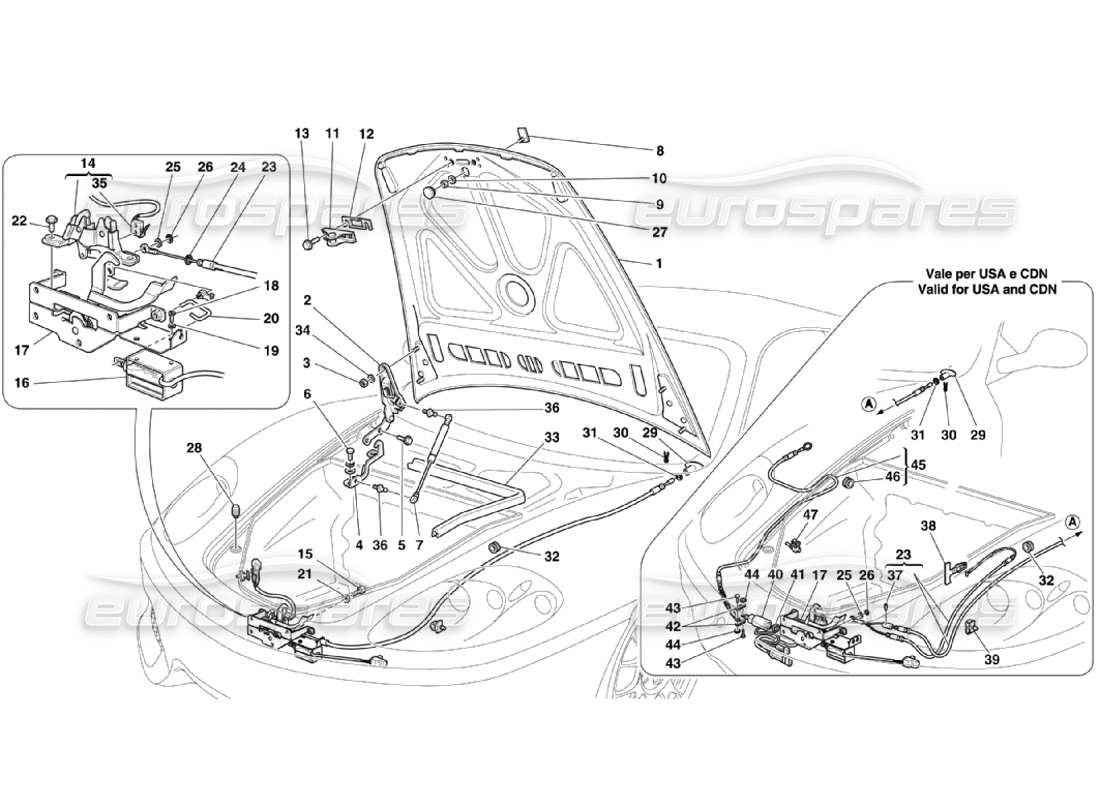 ferrari 360 challenge stradale schéma des pièces du capot avant et du dispositif d'ouverture