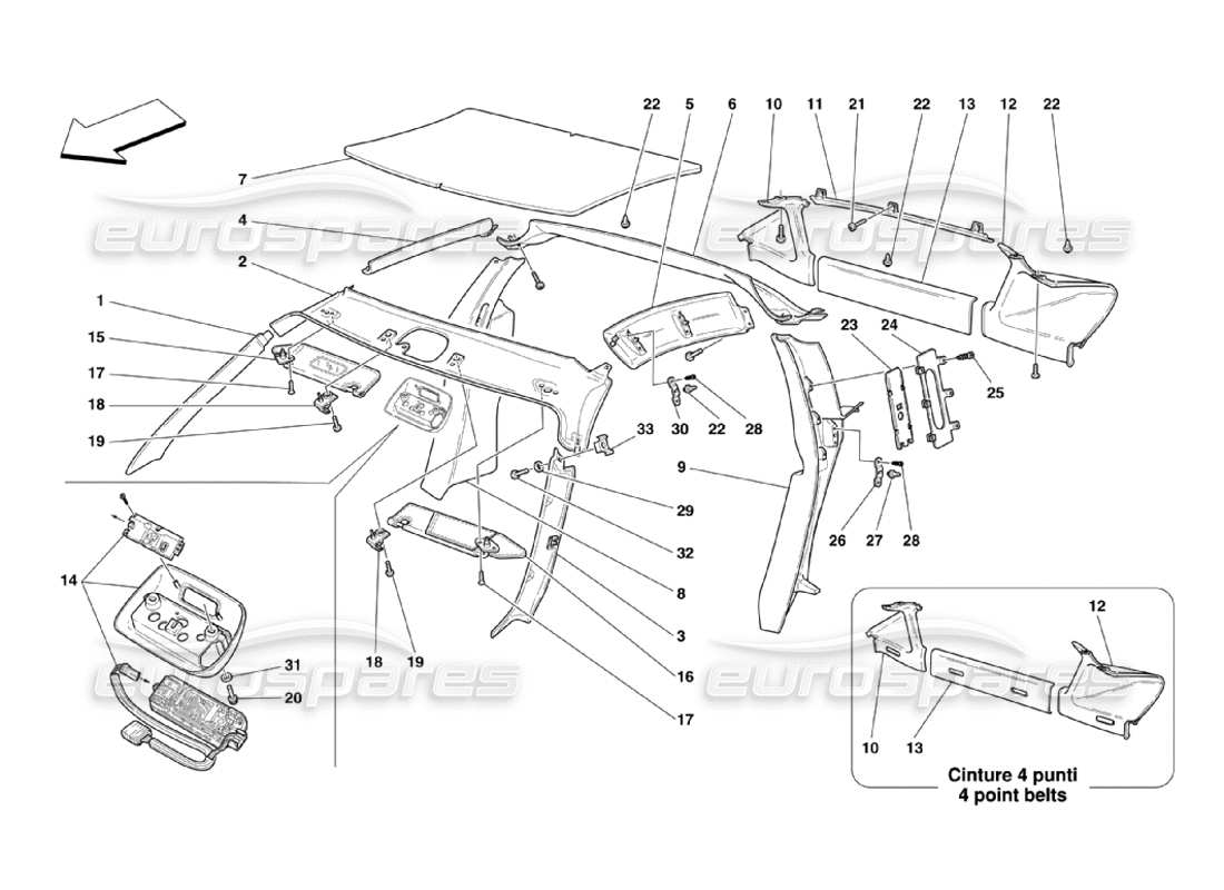 ferrari 360 challenge stradale rembourrage et accessoires des panneaux de toit schéma des pièces