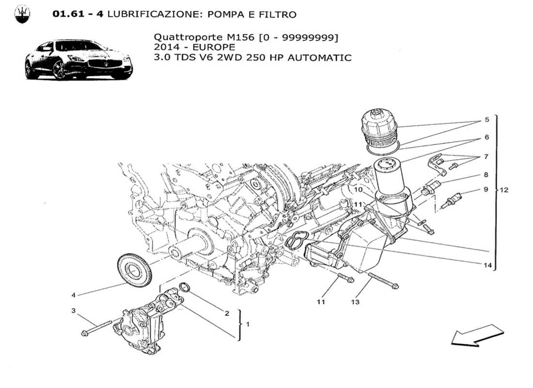 maserati qtp. v6 3.0 tds 250bhp 2014 système de lubrification : diagramme des pièces de la pompe et du filtre