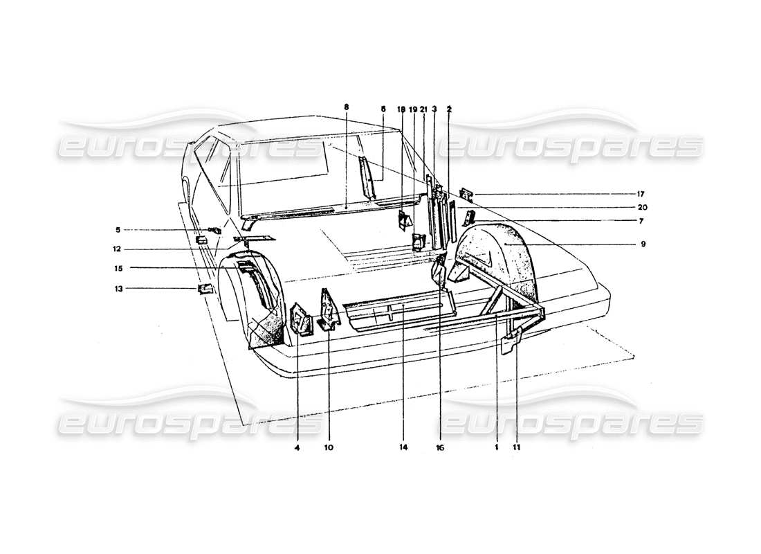 ferrari 365 gt4 2+2 coachwork front inner sheilds & panels part diagram