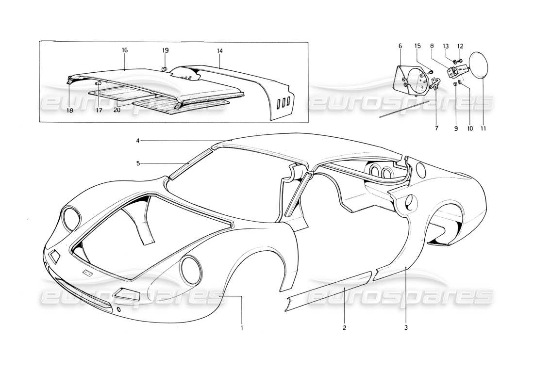 ferrari 246 dino (1975) coque de carrosserie - diagramme des pièces des éléments extérieurs